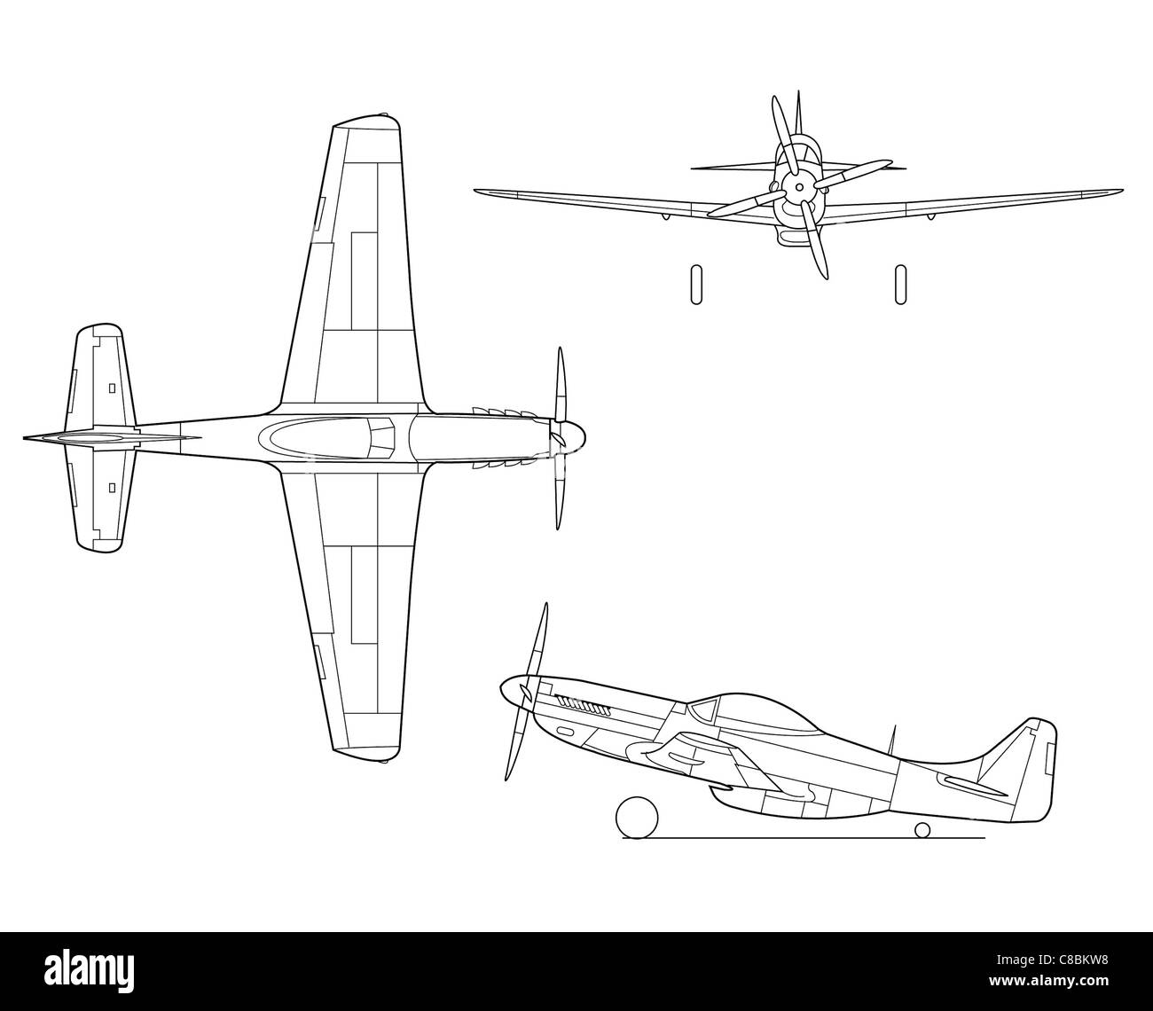 Dessin au trait à trois vues du P-51D Mustang, un chasseur américain renommé de la seconde Guerre mondiale. Connu pour sa vitesse et son agilité, il a joué un rôle clé dans les missions d'escorte à longue portée et sa supériorité aérienne pendant la guerre. Banque D'Images