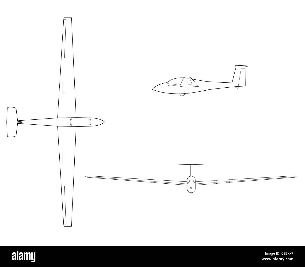 Ce dessin au trait représente le Schweizer 1-36, un planeur connu pour son design élégant et sa structure légère. L’illustration à trois vues met en valeur les caractéristiques aérodynamiques de l’avion, soulignant son rôle dans le vol à voile et les performances aériennes. Banque D'Images