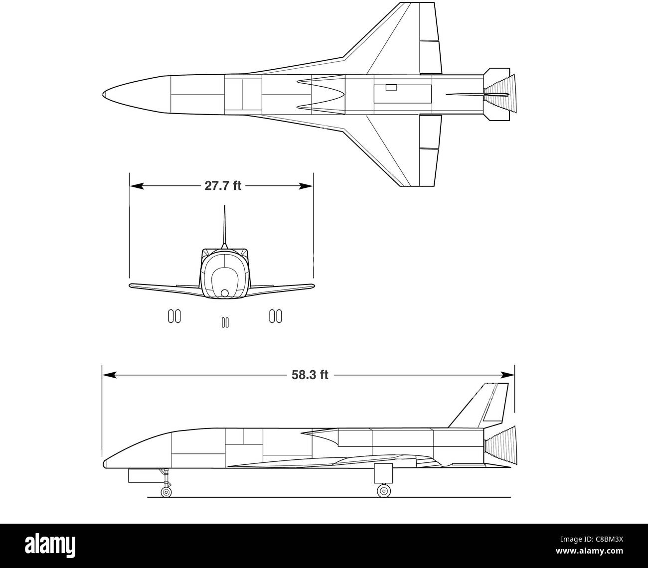 Le X-34 était un avion expérimental développé par la NASA et d'autres partenaires pour explorer les technologies des engins spatiaux réutilisables. Ce dessin à 3 vues met en valeur son design unique. Banque D'Images