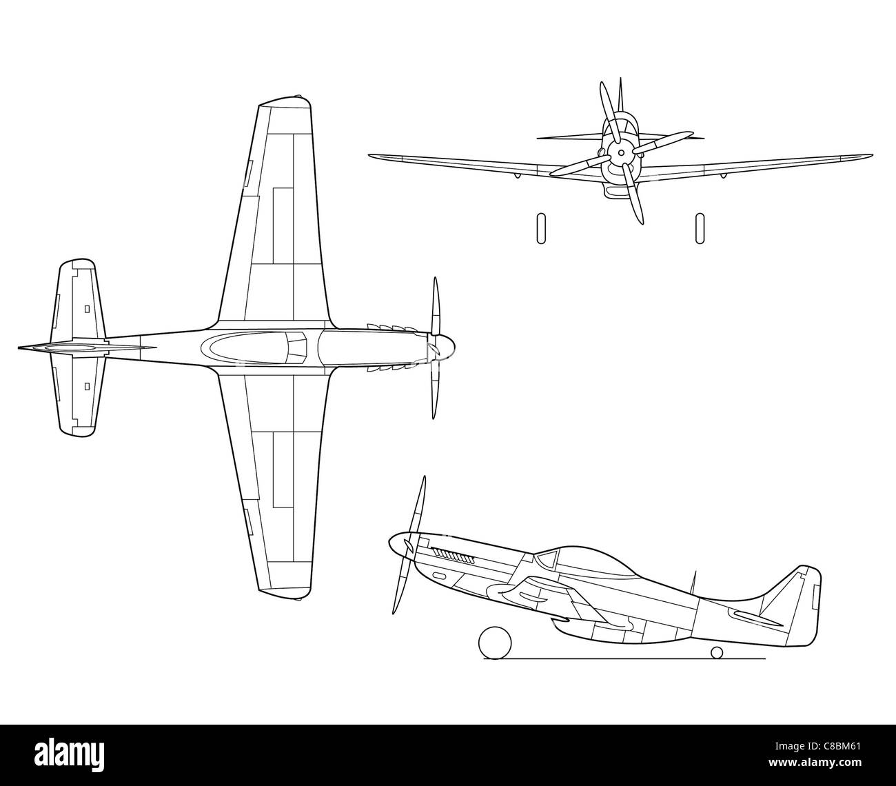 Ce dessin au trait à trois vues illustre le XP-51 Mustang, un prototype de l'emblématique avion de chasse P-51 Mustang. Connu pour son rôle dans la seconde Guerre mondiale, le XP-51 a été un développement clé dans l'aviation militaire américaine. Banque D'Images