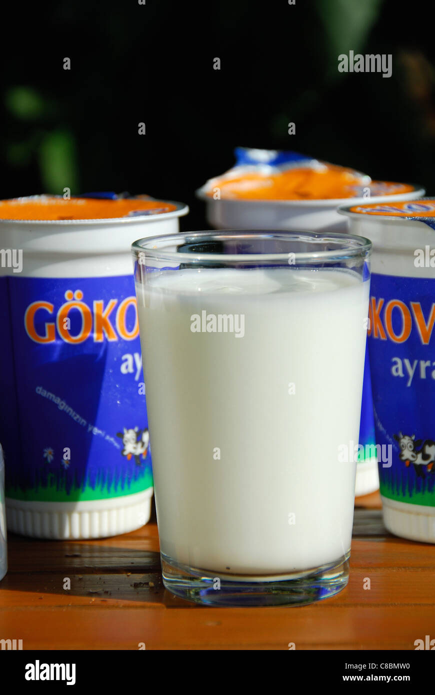 La Turquie. Un verre et pots d'ayran, un populaire, légèrement salée yaourts à boire. 2011. Banque D'Images