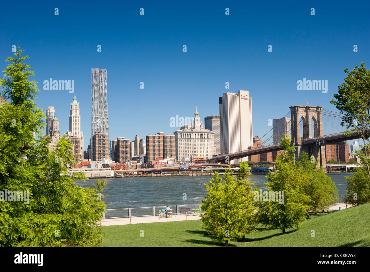 Lower Manhattan Skyline et le pont de Brooklyn de Brooklyn Bridge Park Banque D'Images