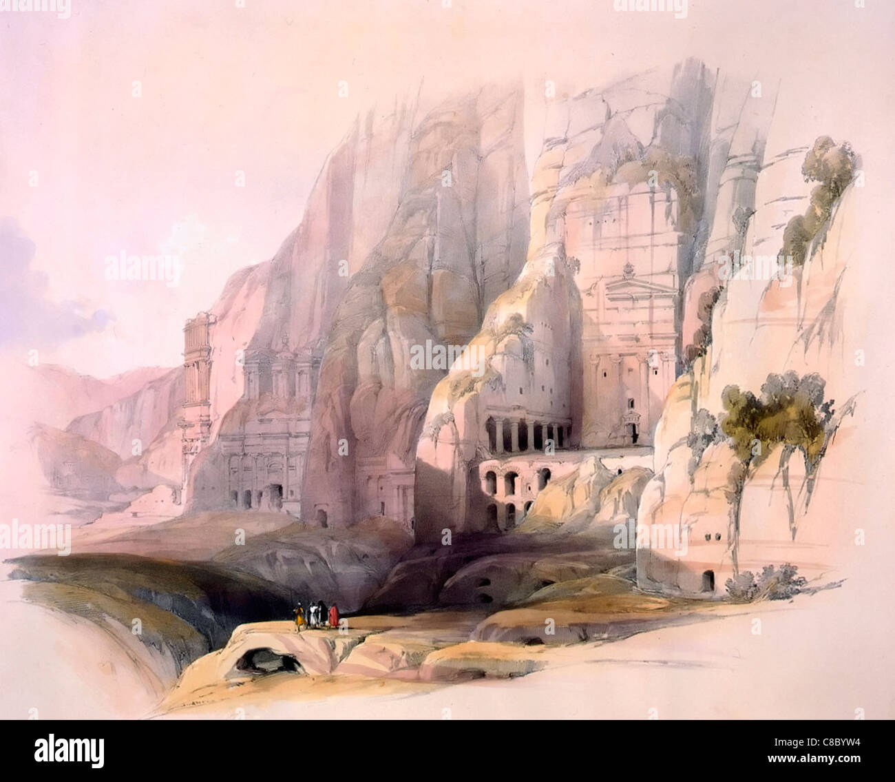 Demeures d'excavation de Petra, 1839, vue générale des façades de plusieurs tombes taillées dans la falaise de roche, Petra, Jordanie. Banque D'Images