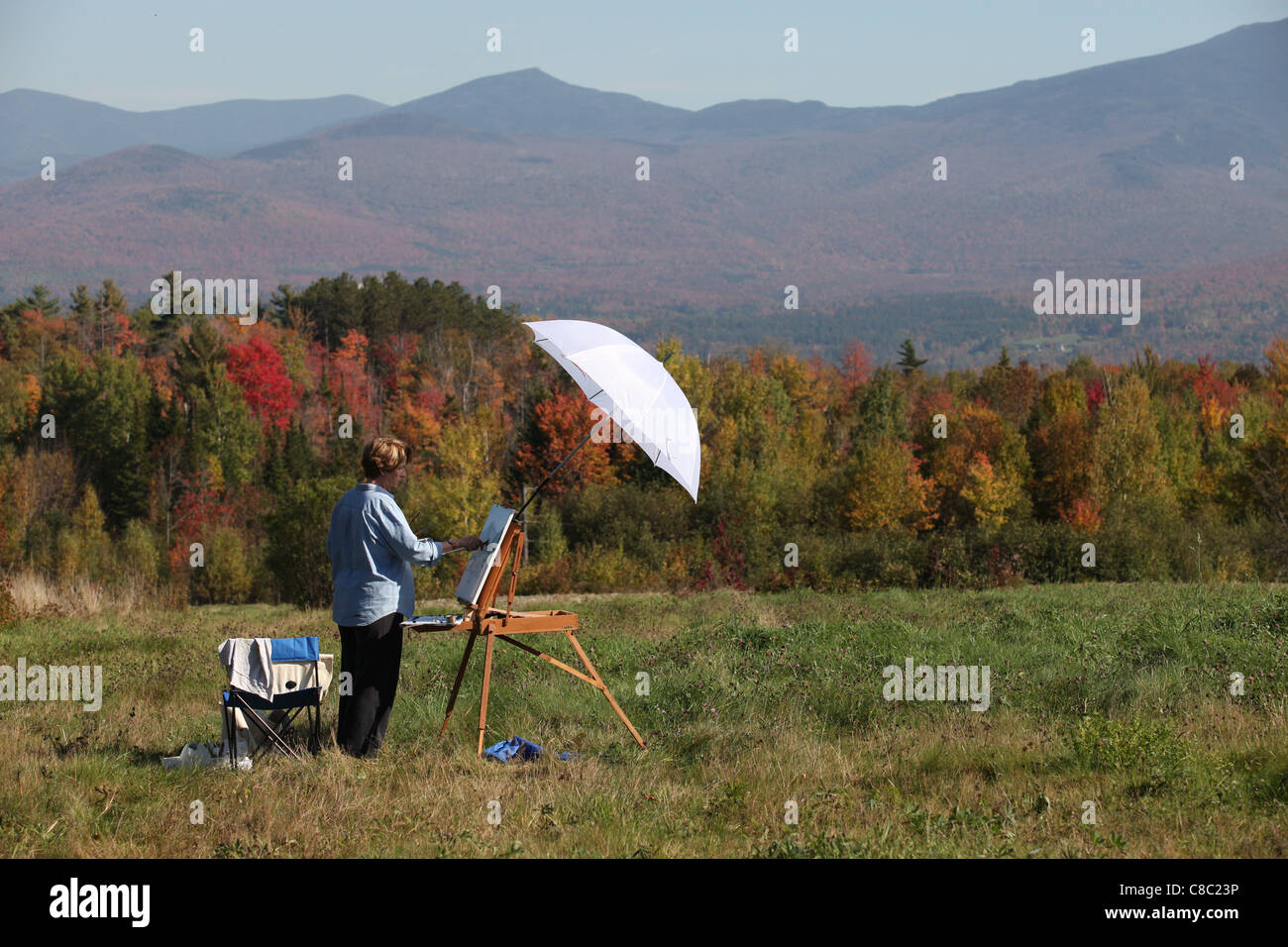 L'artiste féminin local peinture automne feuillage dans Sugar Hill, New Hampshire, Etats-Unis 2011 Banque D'Images