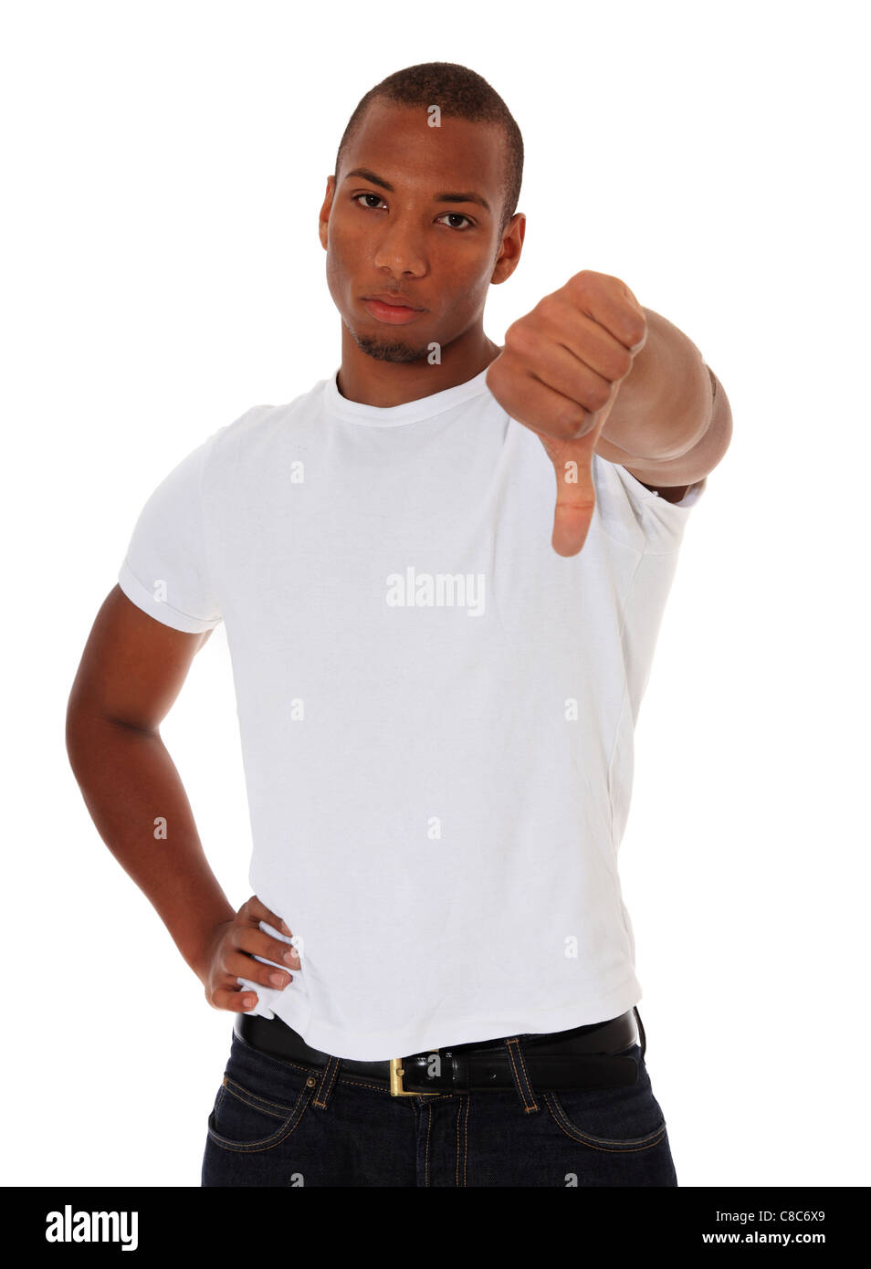 Noir attrayant montrant Thumbs down. Le tout sur fond blanc. Banque D'Images