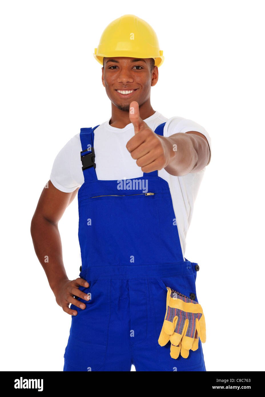 Travailleur manuel noir attrayant showing Thumbs up. Le tout sur fond blanc. Banque D'Images