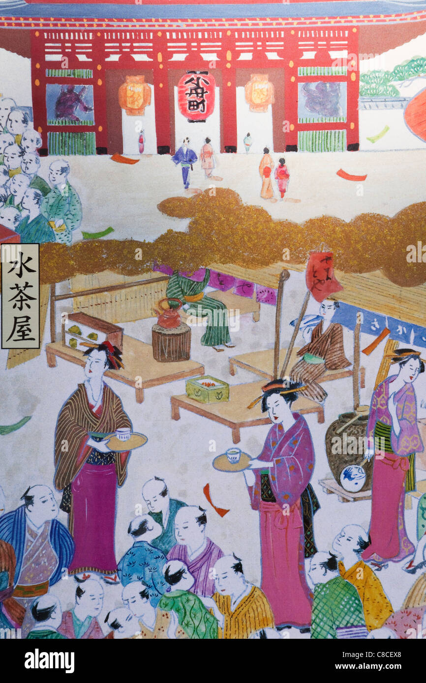 Japon, Tokyo, Asakusa, l'Ukiyo-e la publicité de style affiche représentant la porte de Kaminarimon Asakusa Kannon Banque D'Images