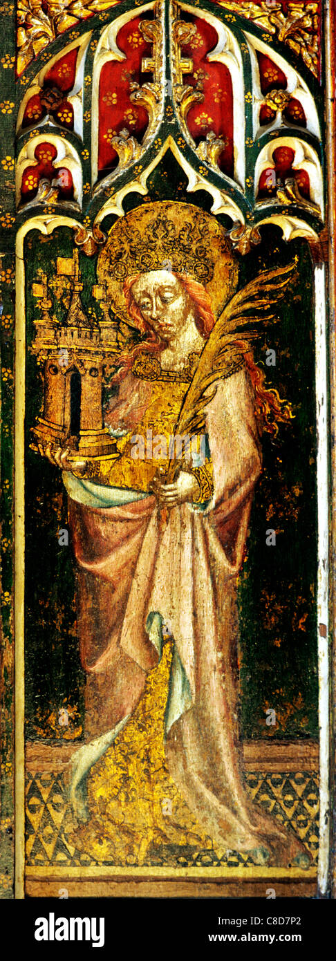 Filby, Norfolk, jubé. Saint Barbara avec tour du château et branche de palmier femme saint saints English écrans médiévale Banque D'Images