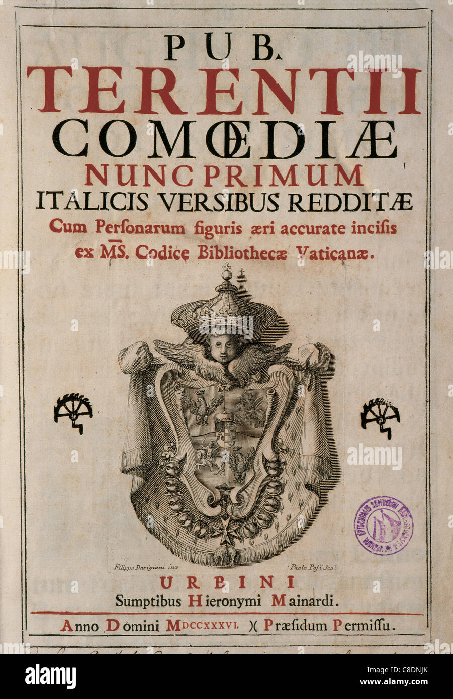 Terence (195-159 avant J.-C.). L'auteur de bande dessinée. Titre couverture de ses comédies. Le Codex de la bibliothèque du Vatican. 1736. Banque D'Images