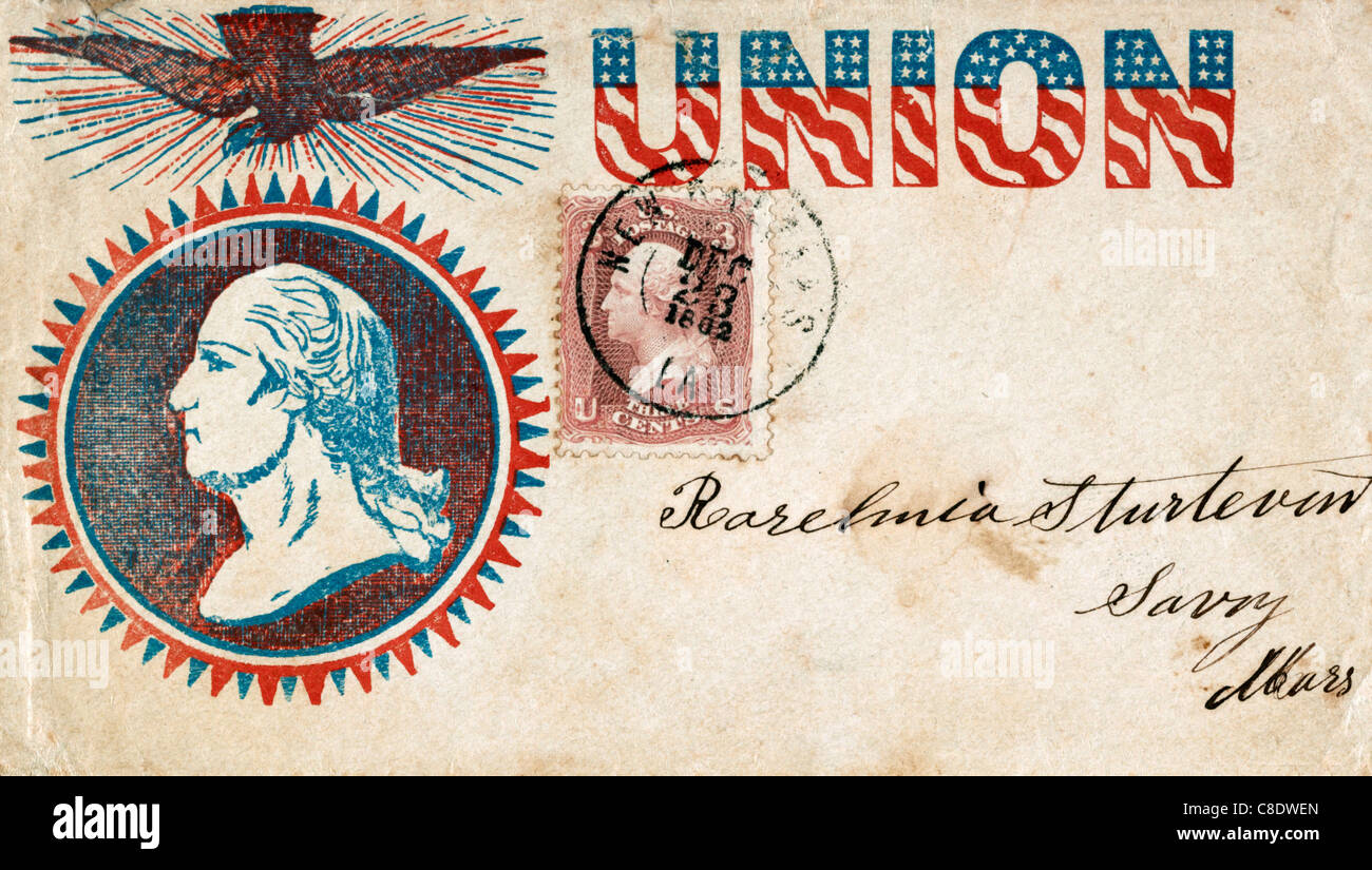 Lettre envoyée au cours de la guerre civile aux Etats-Unis avec un buste de George Washington et l'Union européenne imprimé sur la partie avant Banque D'Images