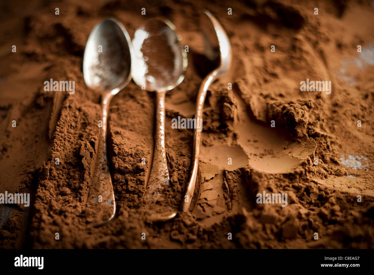 Les cuillères et le chocolat en poudre Banque D'Images