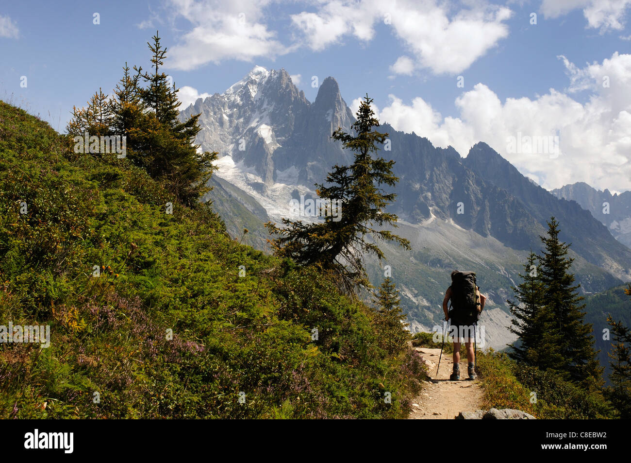 Un marcheur sur un sentier dans les Alpes françaises avec l'Aiguille Verte et les Drus au-delà Banque D'Images
