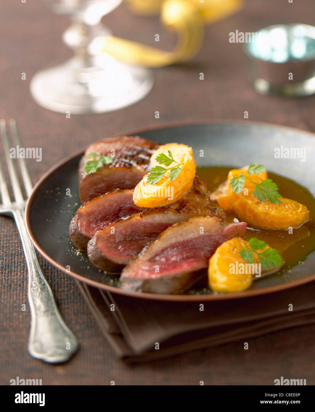 Mandarines avec Magret de canard Banque D'Images
