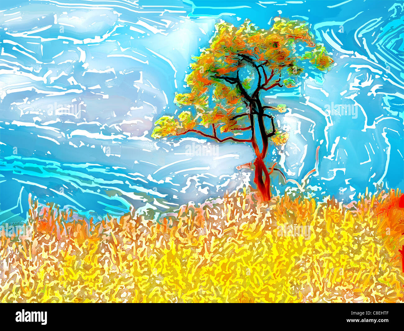 En peinture numérique woodcut style batik d'un arbre, l'herbe et le ciel Banque D'Images
