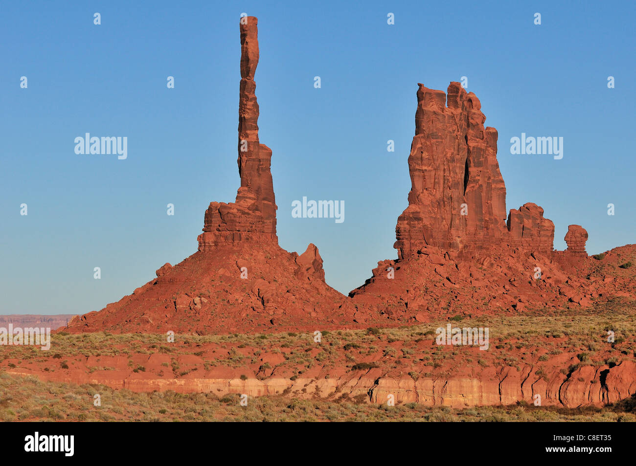 Paysages du désert, coucher du soleil, Totem, Navaho, rock, Indian Reservation, Monument Valley, Tribal Park, Arizona, USA, United States, Banque D'Images