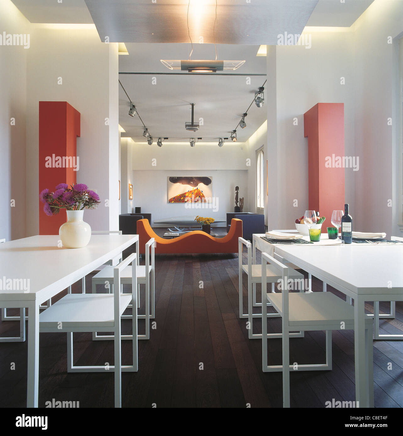 Intérieur d'un salon dans une maison contemporaine avec meubles de marque Cappellini : canapés, chaises et tables à l'avant Banque D'Images