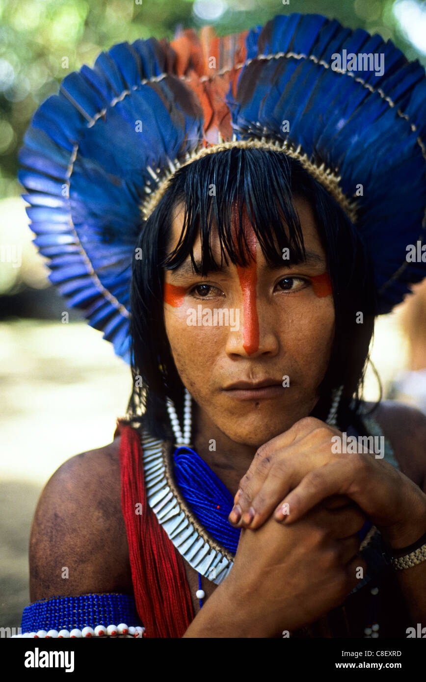 L'État de Para au Brésil. Ta'Kire, un guerrier indien Kayapo avec blue feather headdress cocaa à réunion à Altamira. Banque D'Images