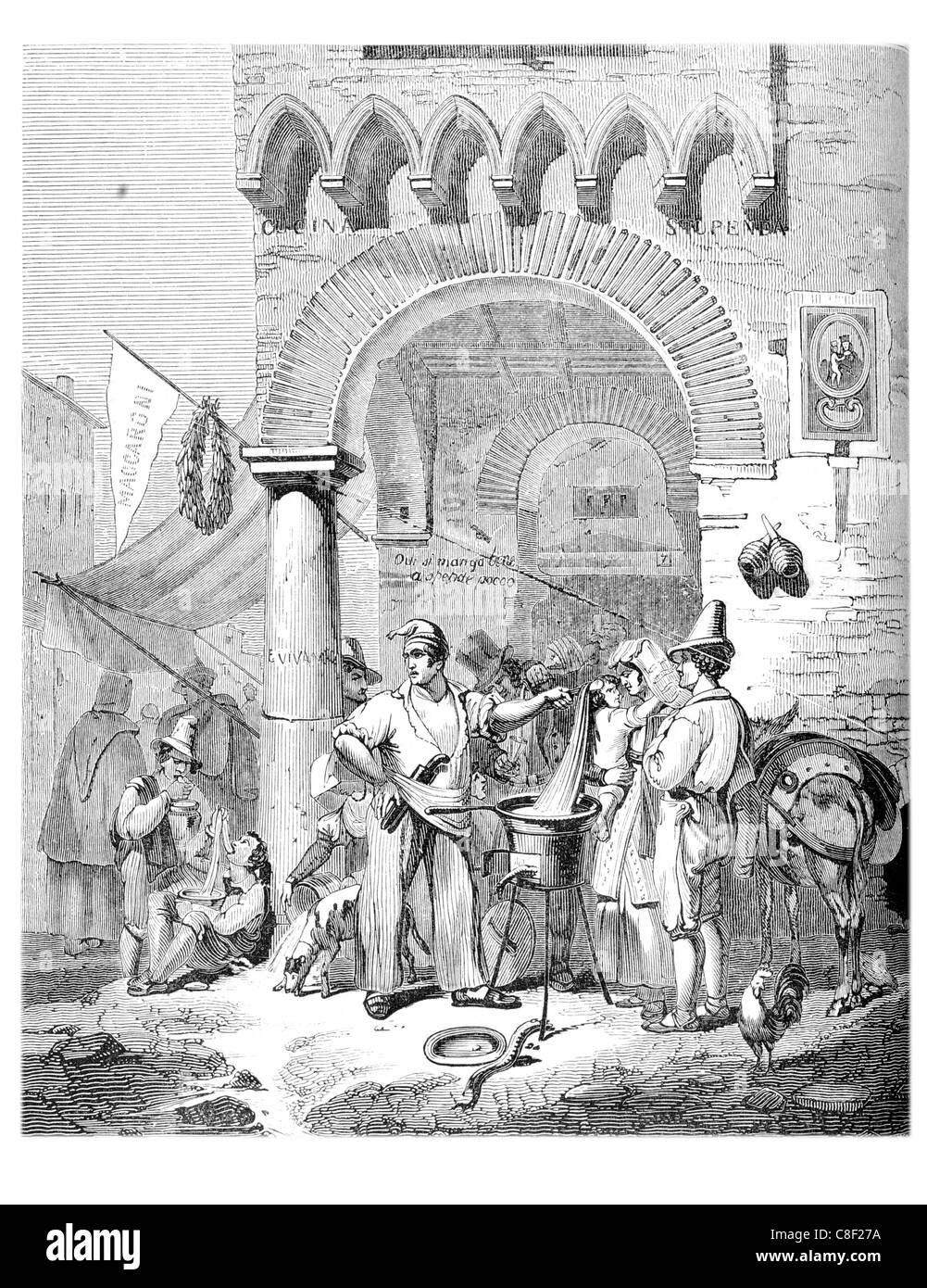 Vendeur de pâtes macaronis Maccaroni Naples de blé dur oeufs oeufs pâte boutique du vendeur vendeur ventes décrochage fromage Italie Italien Banque D'Images