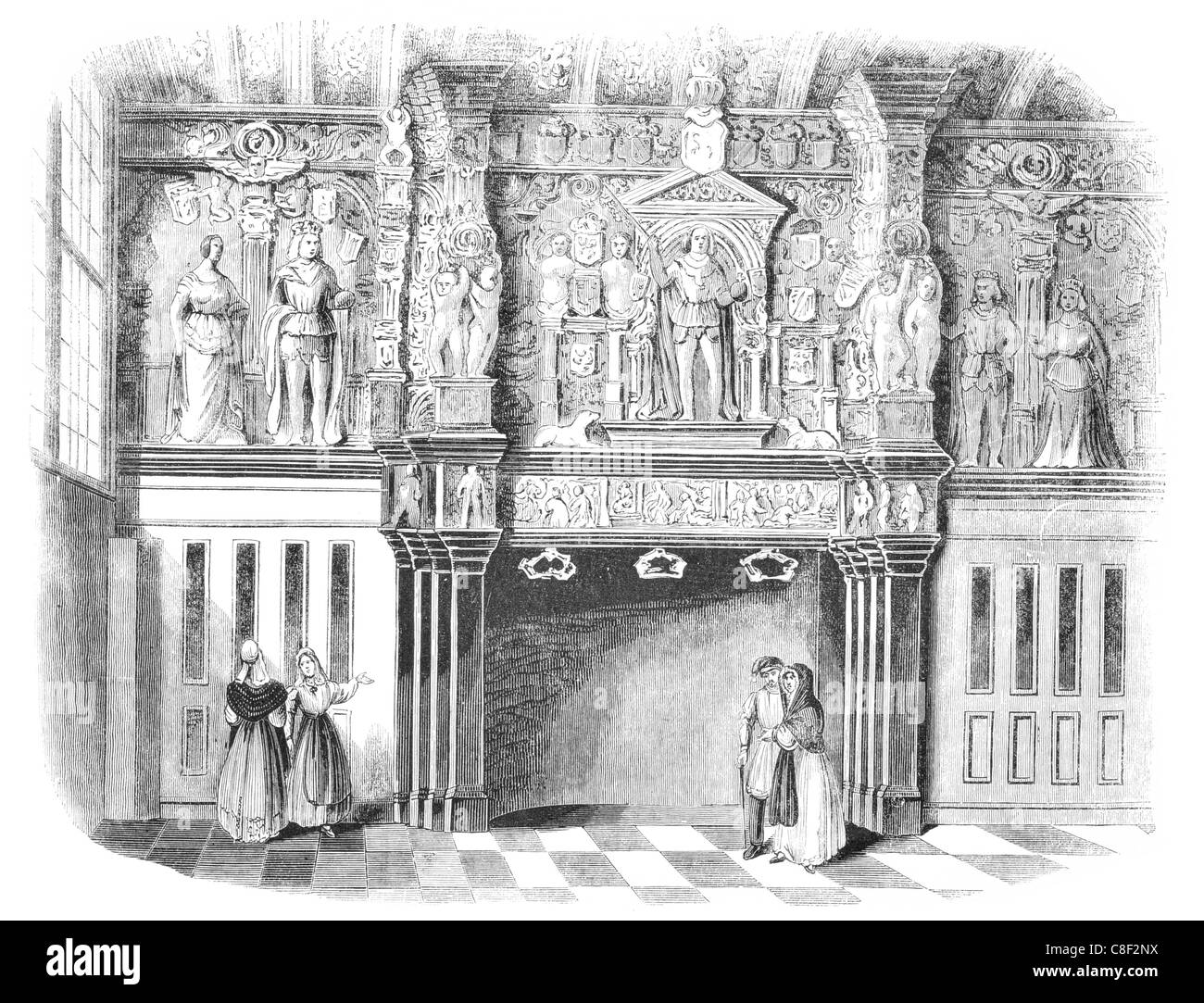 Cheminée sculptée dans le palais de justice palais de justice de Bruges cheminée ornements sculptés sculpture art Banque D'Images