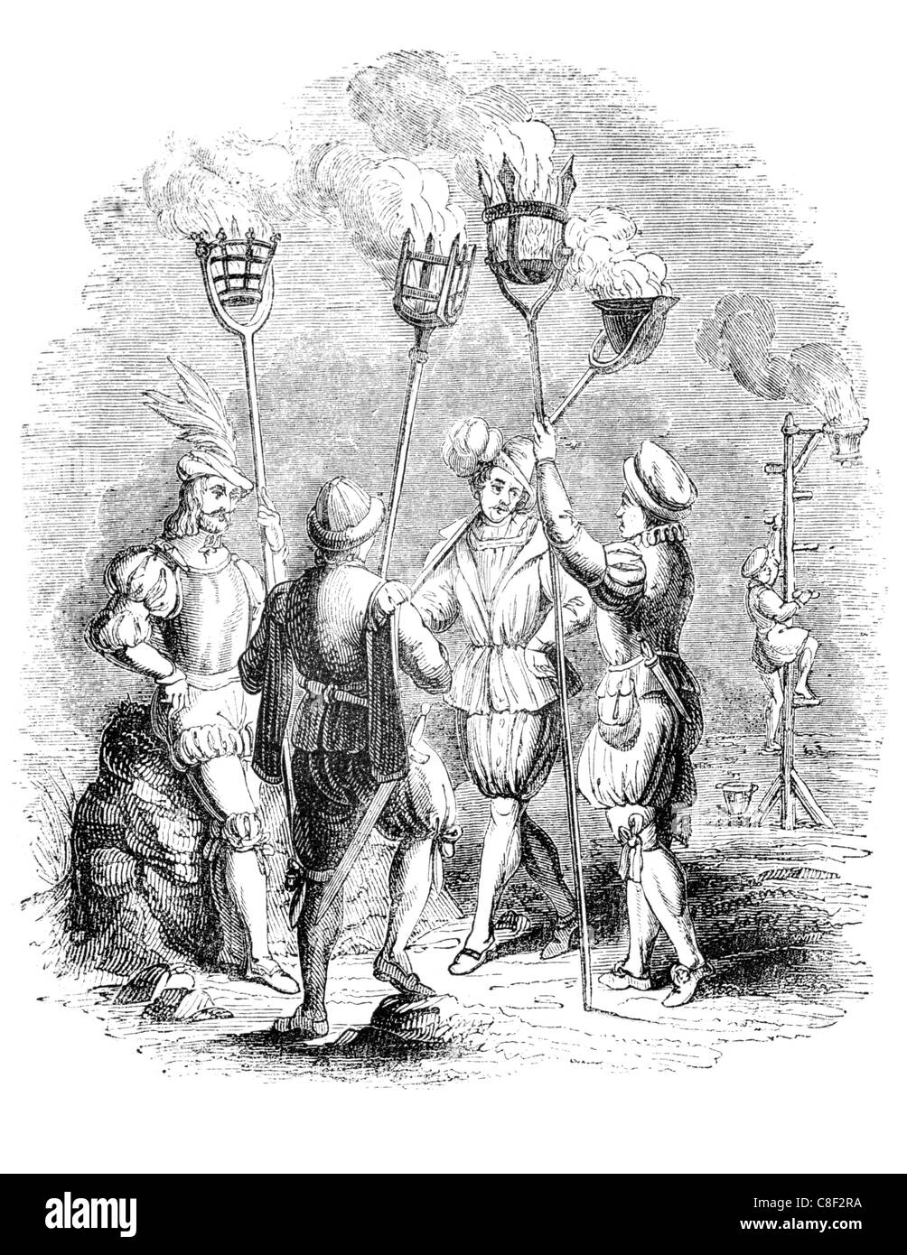 Des feux de route et Cressets 15ème siècle street light lampe lampadaire passage routier crépuscule Banque D'Images