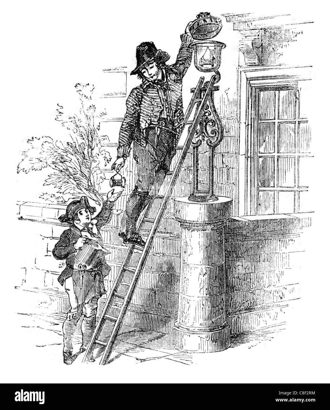 London Lamplighter street light lampe lampadaire passage routier lanterne dusk flamme flammes des torches élisabéthain Tudor heritage Banque D'Images
