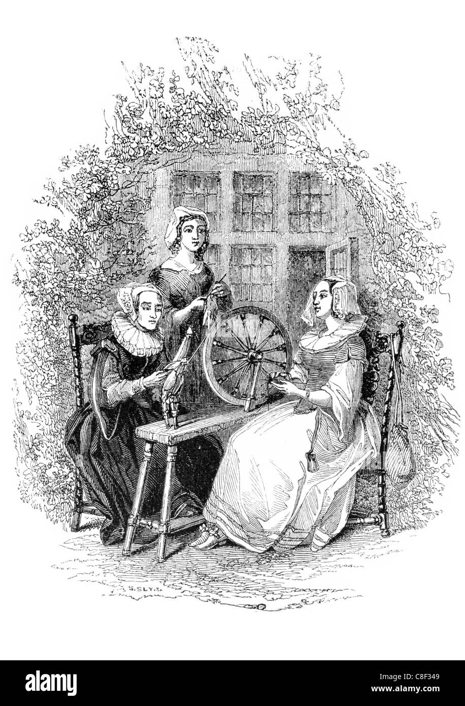 Rouet irlandais broche fil dame dames jenny lin lin châssis long tirer main powered fait le volant-moteur Banque D'Images