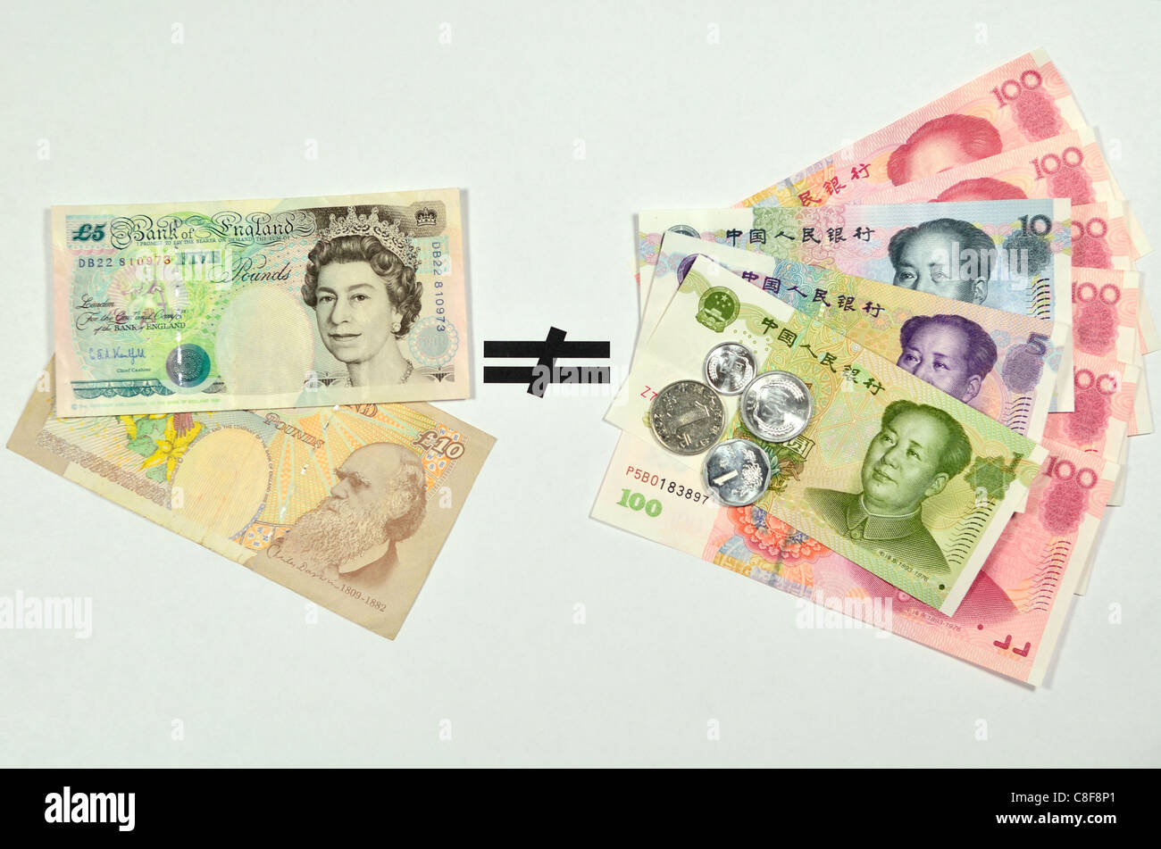 Livre britannique pas égal à Yuan chinois. Banque D'Images
