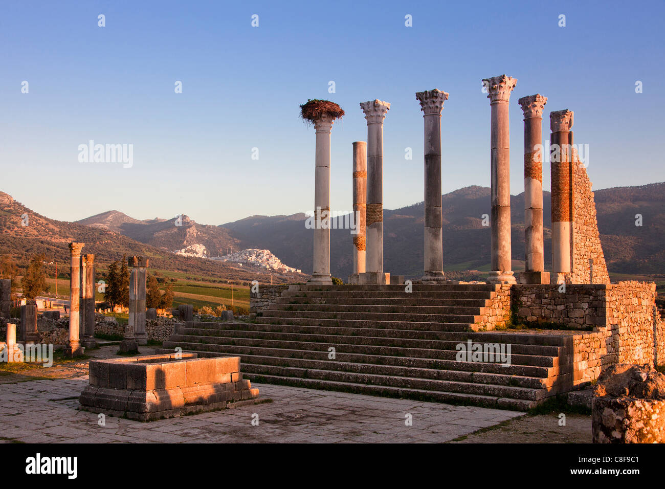 Le Maroc, l'Afrique du Nord, Afrique, Romain, ruines, Voulibilis, antiquité, antiquité, Capitol, Moulay Idriss, colonnes, Banque D'Images