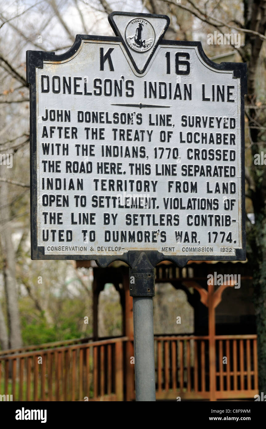 Route historique du marqueur pour Donelson Indian de 1770 à Moccasin écart dans Virginia Banque D'Images