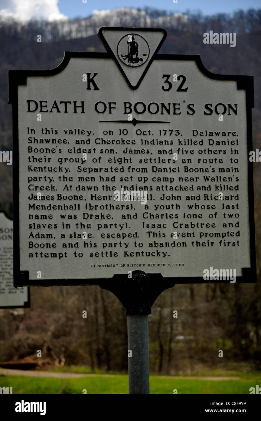 Marqueur de la route près de Wallen's Creek en Virginie où le fils aîné de Daniel Boone, James, et d'autres ont été tués par les Indiens d'Amérique. Banque D'Images