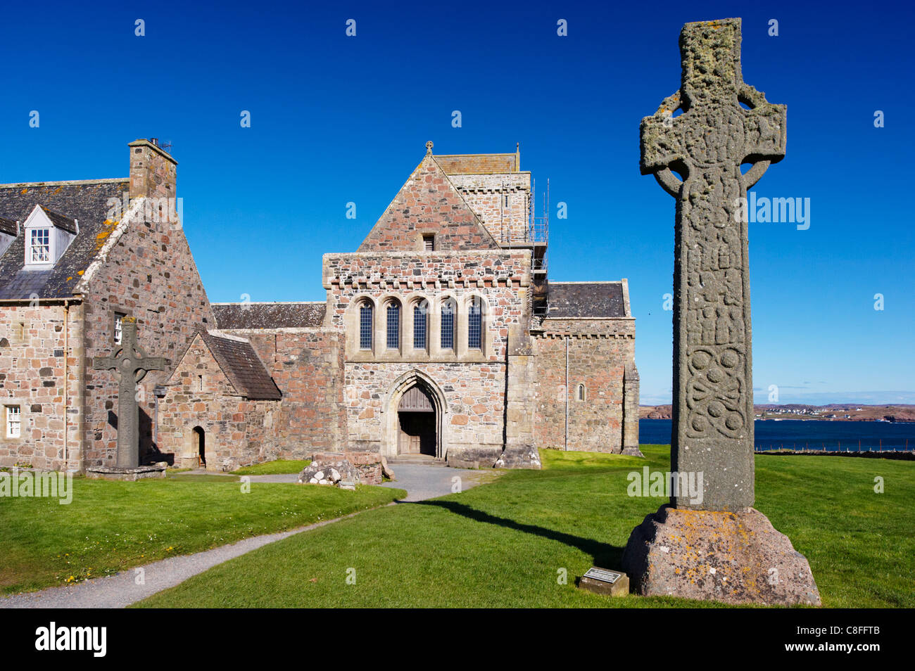 La Croix Saint Martin, magnifique Celtic croix sculptée datant du 8e siècle, l'île d'Iona, Hébrides intérieures, Ecosse, Royaume-Uni Banque D'Images