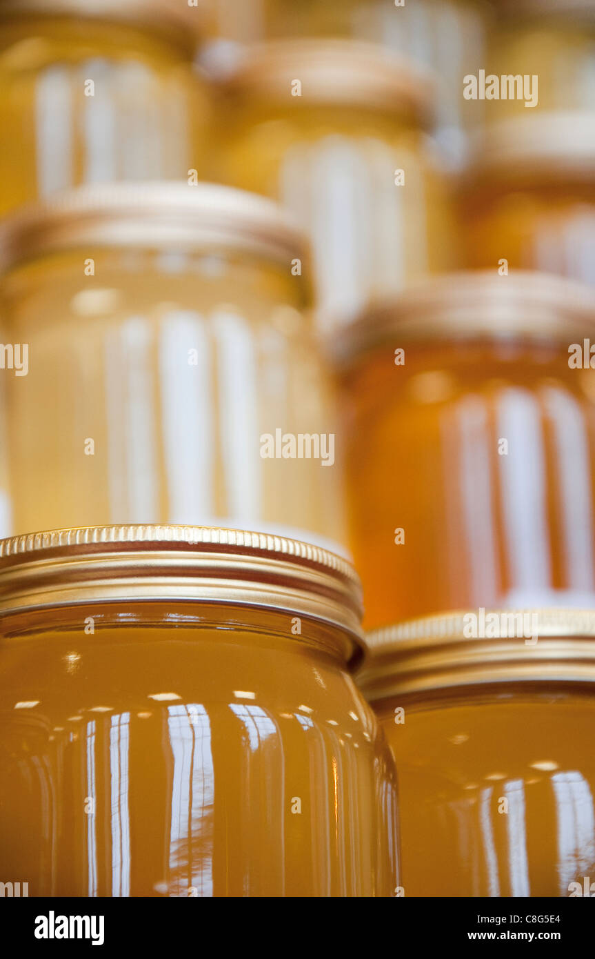 Pots de miel sur l'affichage à un spectacle au miel Banque D'Images