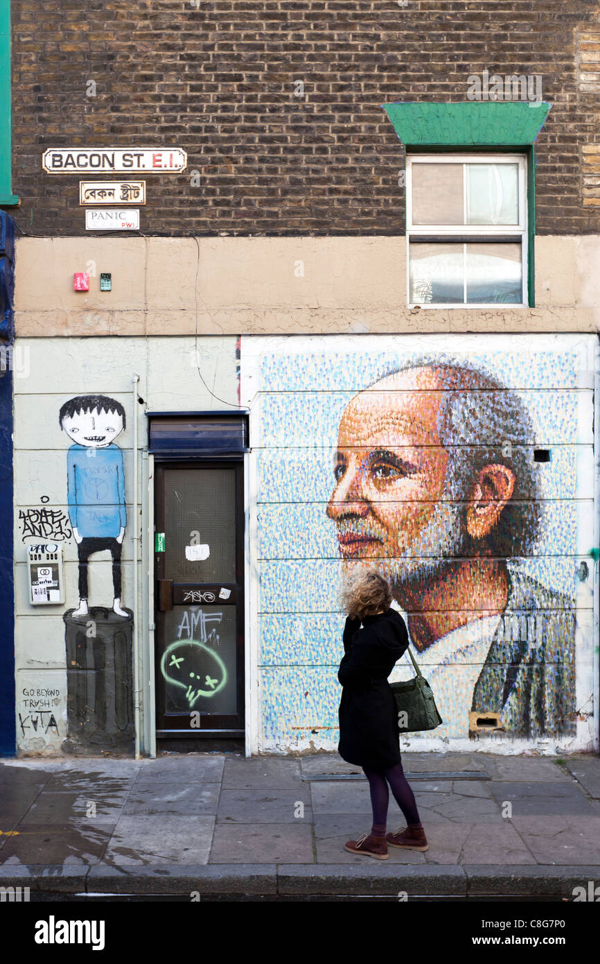 Street Art Par James Cochran, Bacon Street près de Brick Lane, London, England, UK. Banque D'Images