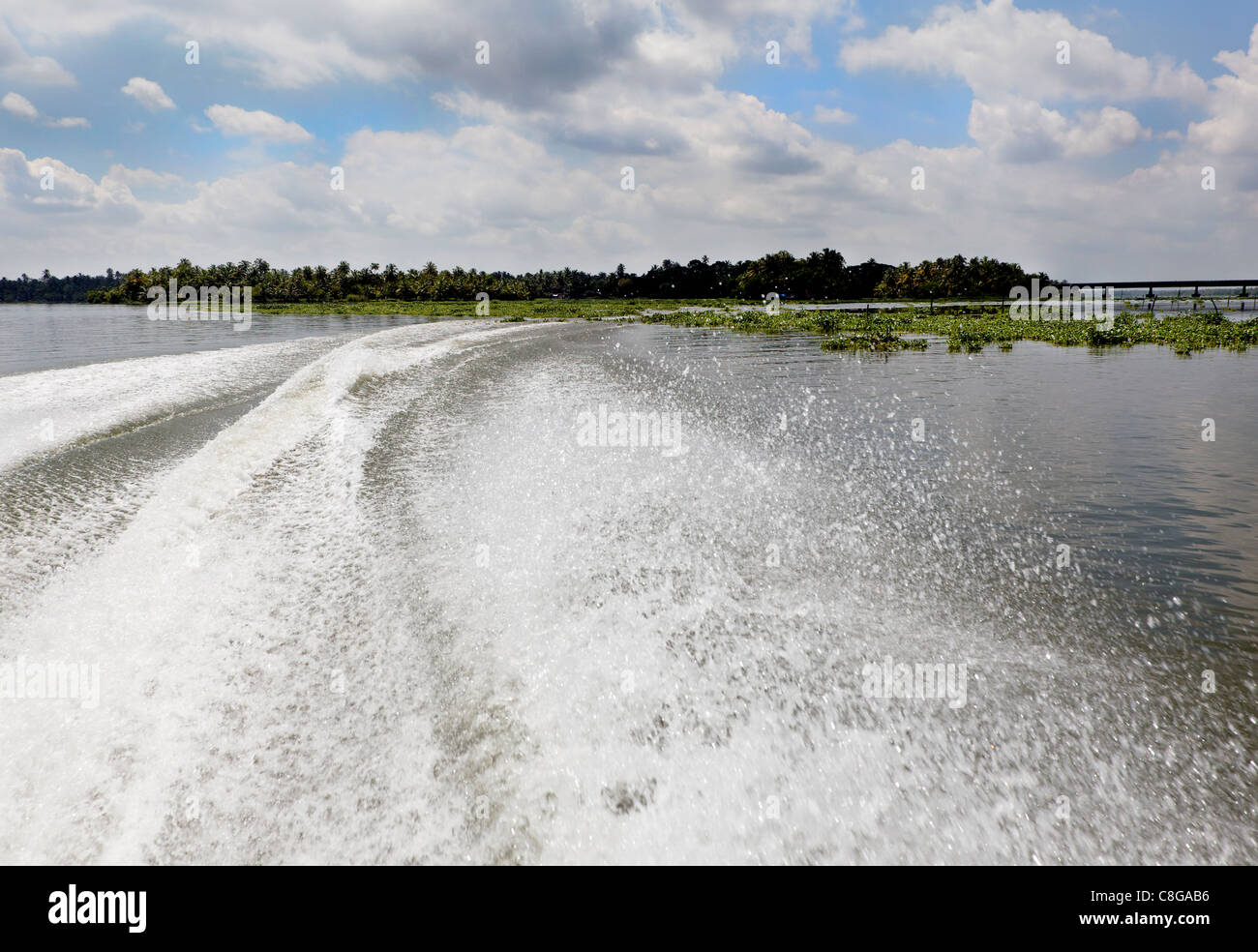Paysage de la côte et slalom en bateau à travers la mer, Kerala jacinthe surf, embruns, surf, splash, laver, vagues, horizontal Banque D'Images