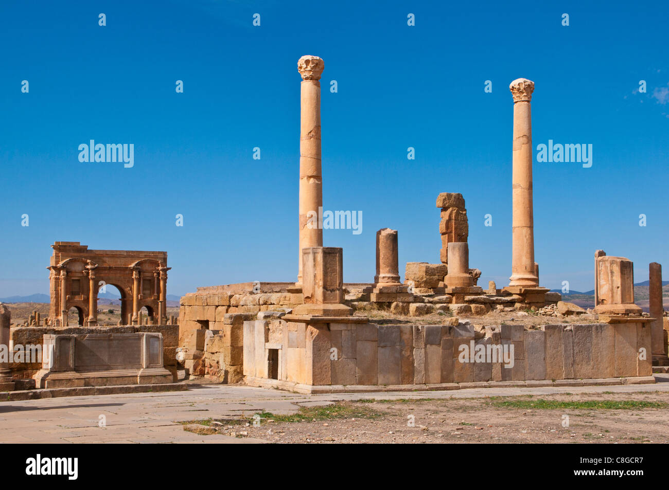 Les vestiges romains, Timgad, Site du patrimoine mondial de l'UNESCO, l'Algérie, l'Afrique du Nord Banque D'Images