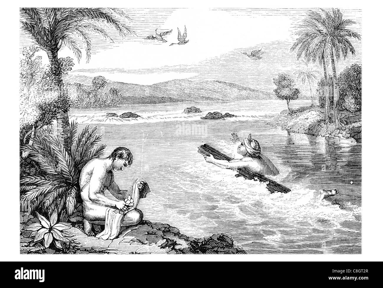 Les couriers de natation du Pérou de la poste aux lettres courrier postal postman river nager nageur jungle messagerie message communication palm tree Banque D'Images