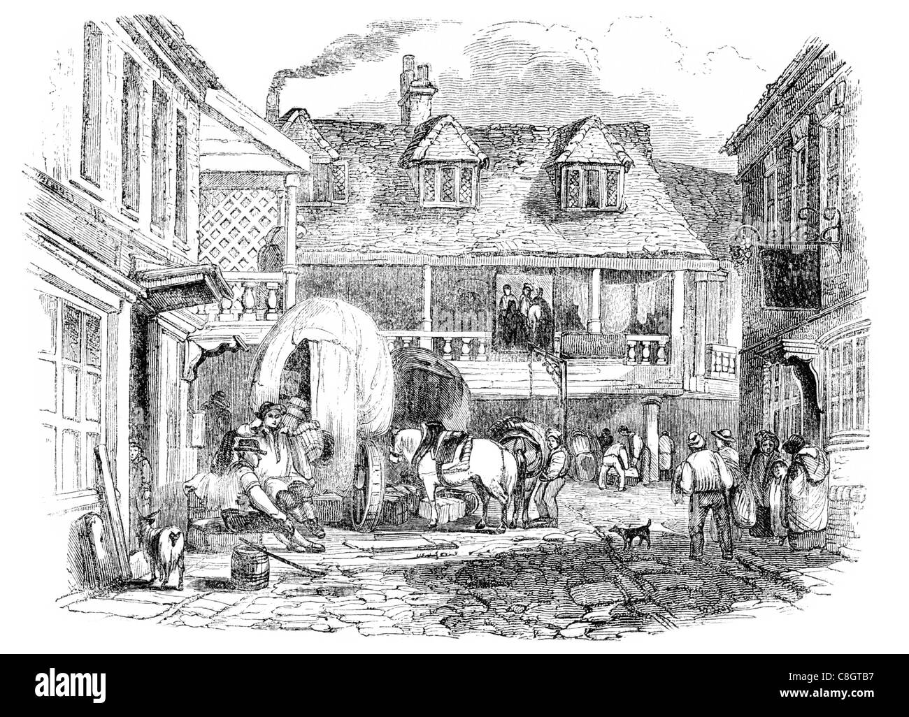 Pays dans un chariot chariot stagecoach Inn yard panier coach wagon omnibus lampe lanterne ouvragée classique Banque D'Images