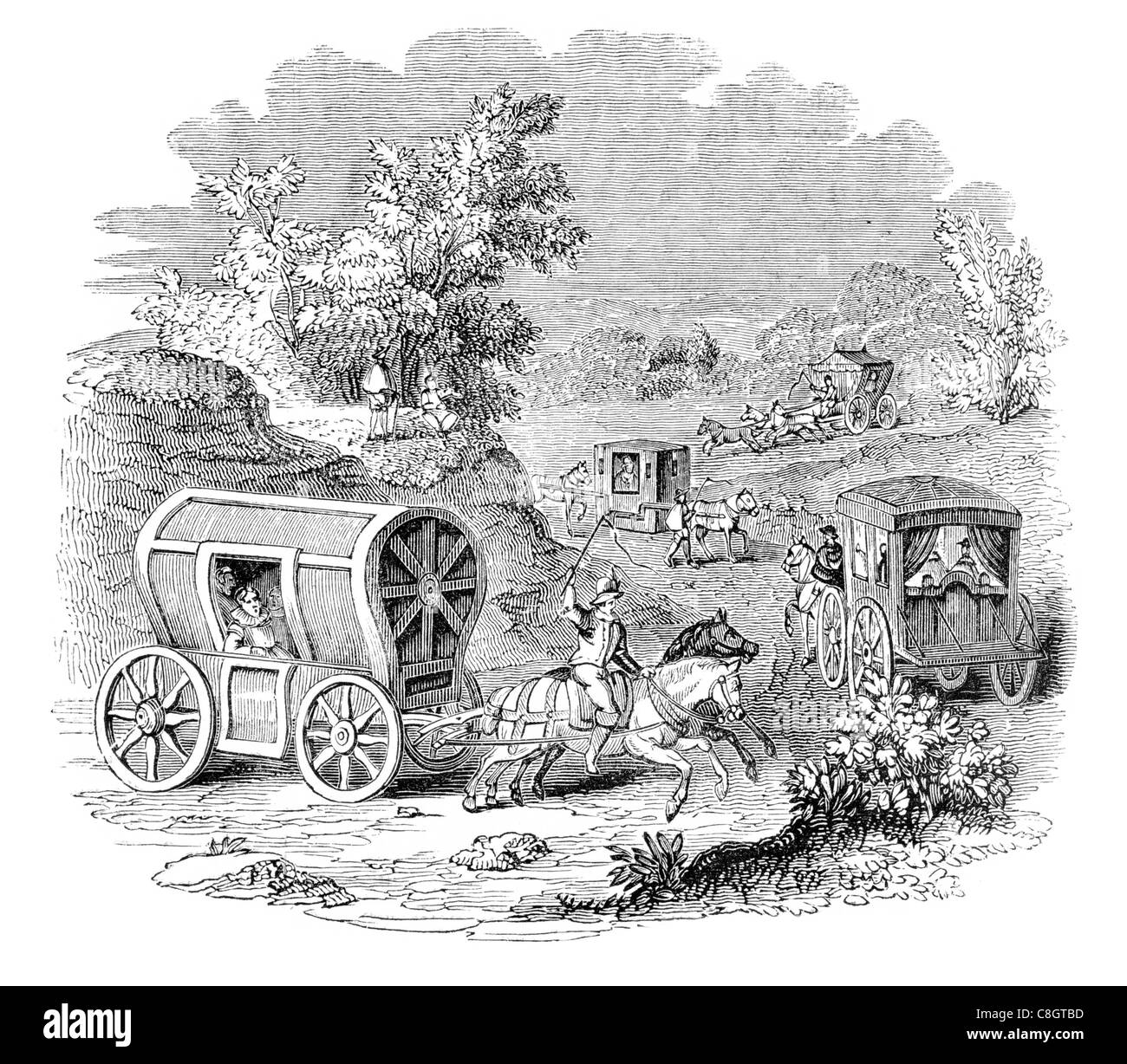 Les entraîneurs et les berlines à cheval du 16ème siècle char stagecoach panier coach wagon omnibus lampe lanterne ouvragée classique Banque D'Images