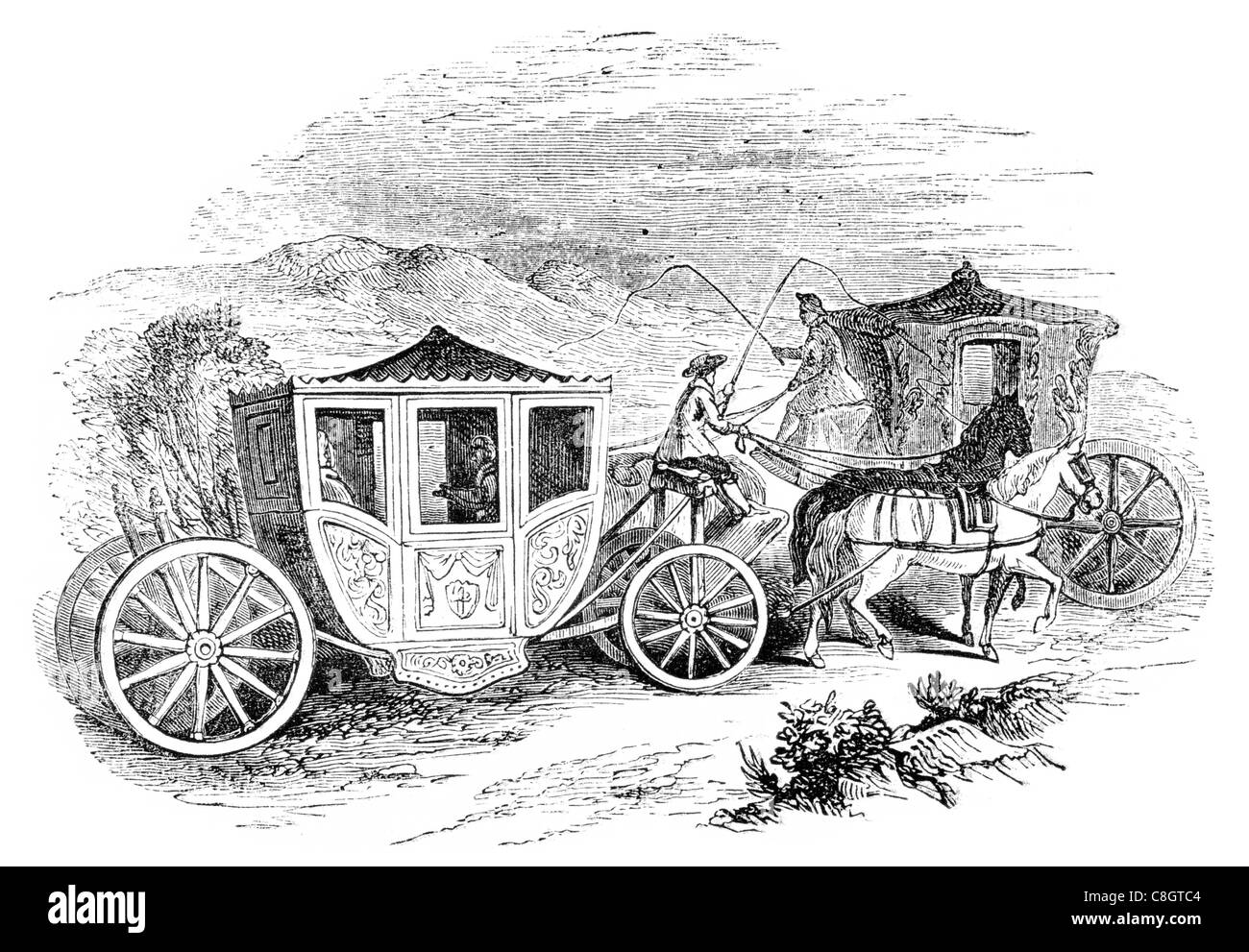 Les entraîneurs de l'époque de Charles II chariot chariot entraîneur stagecoach panier chariot omnibus lampe lanterne ouvragée classique Banque D'Images