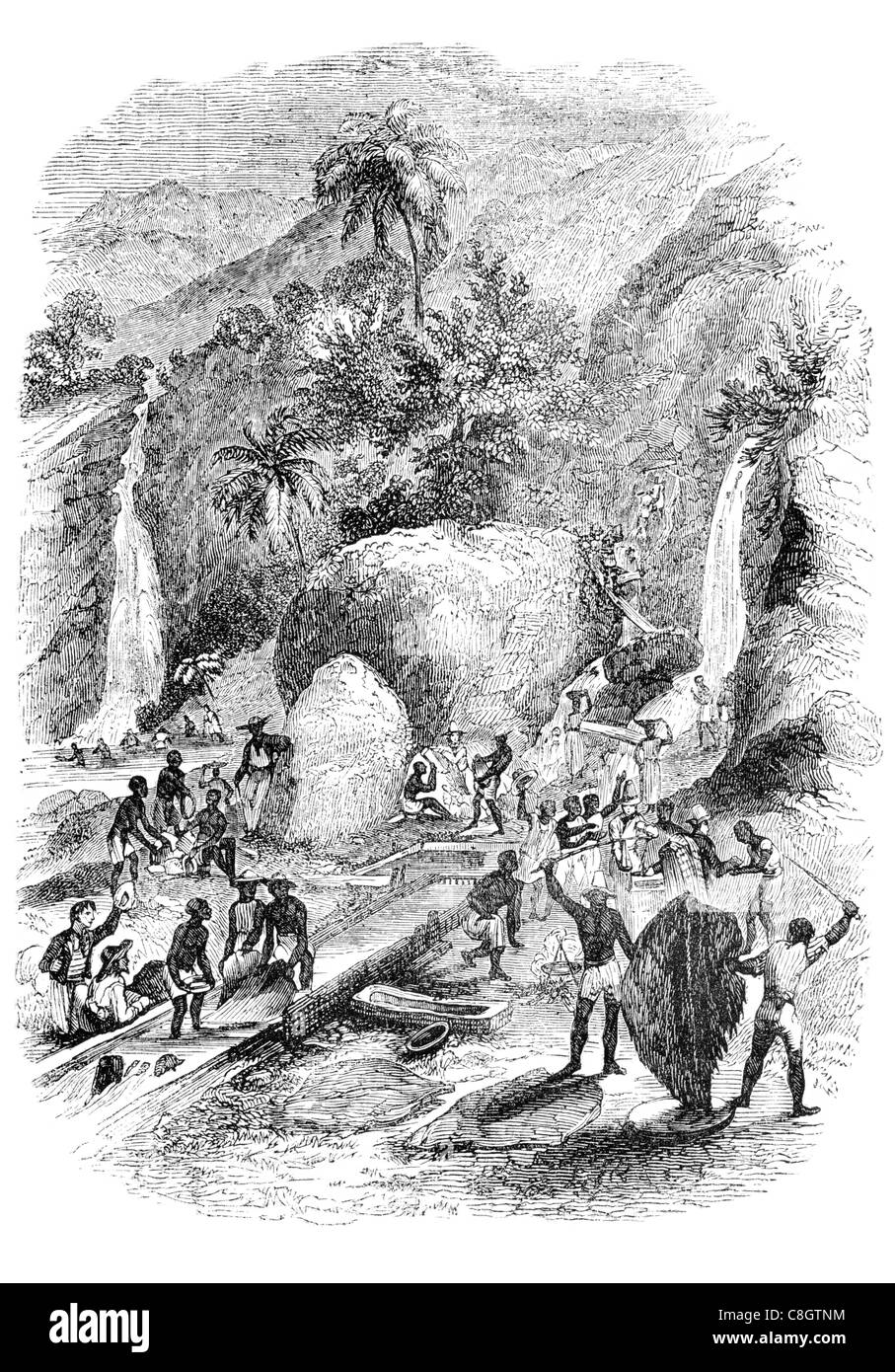 L'orpaillage Brésil panoramique Le panoramique d'extraction minière d'or mineur mine esclave tribal onguents de l'eau de la rivière (la bave) flux Banque D'Images