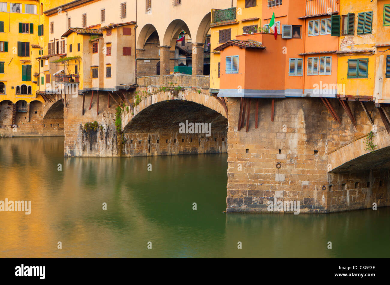Le Ponte Vecchio, Florence, Italie, Europe, Toscane, ville, ville, rivière, débit, Arno, bridge, fenêtre Banque D'Images