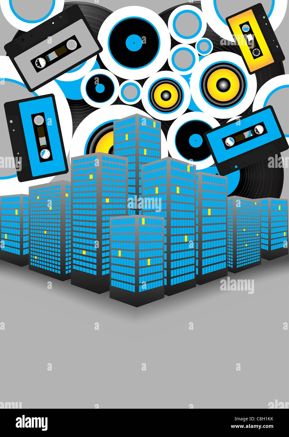 Retro Party Background - Cassettes audio, disques vinyles et gratte-ciel sur fond gris Banque D'Images