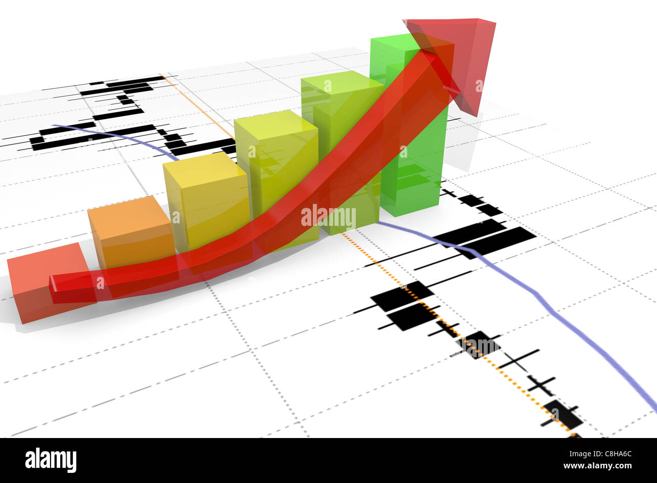 Diagramme à barres avec la flèche de la croissance et de l'arrière-plan du graphique financier Banque D'Images