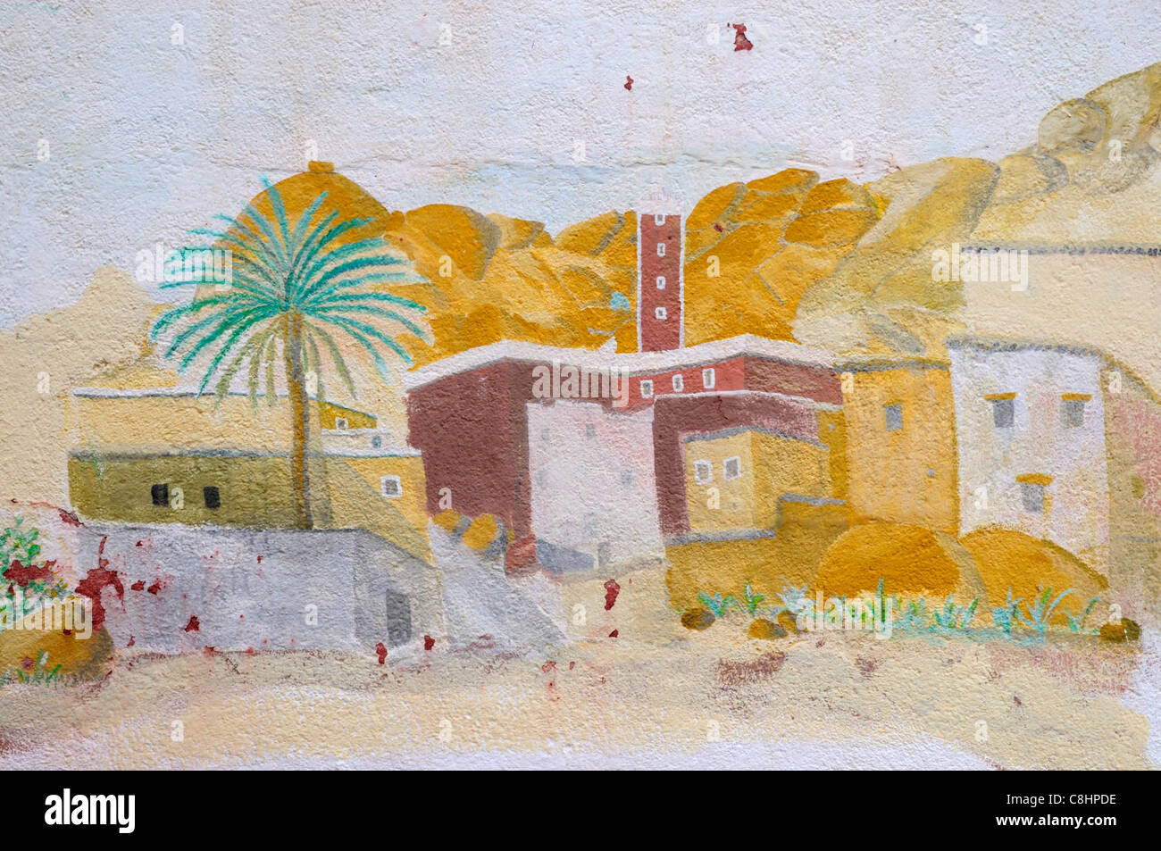 Peinture murale représentant l'IDRN, l'IDRN, village près de Tafraoute, Région de Souss-Massa-Draa, Maroc Banque D'Images