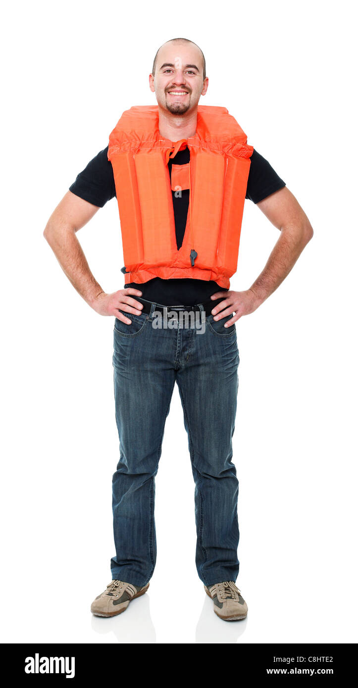 Homme avec dispositif de flottaison personnel Banque D'Images