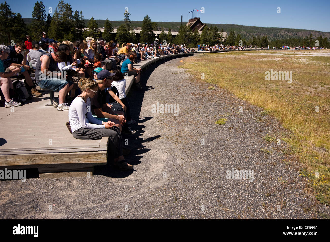 Les gens attendent l'éruption du geyser Old Faithful Parc National de Yellowstone au Wyoming USA Banque D'Images