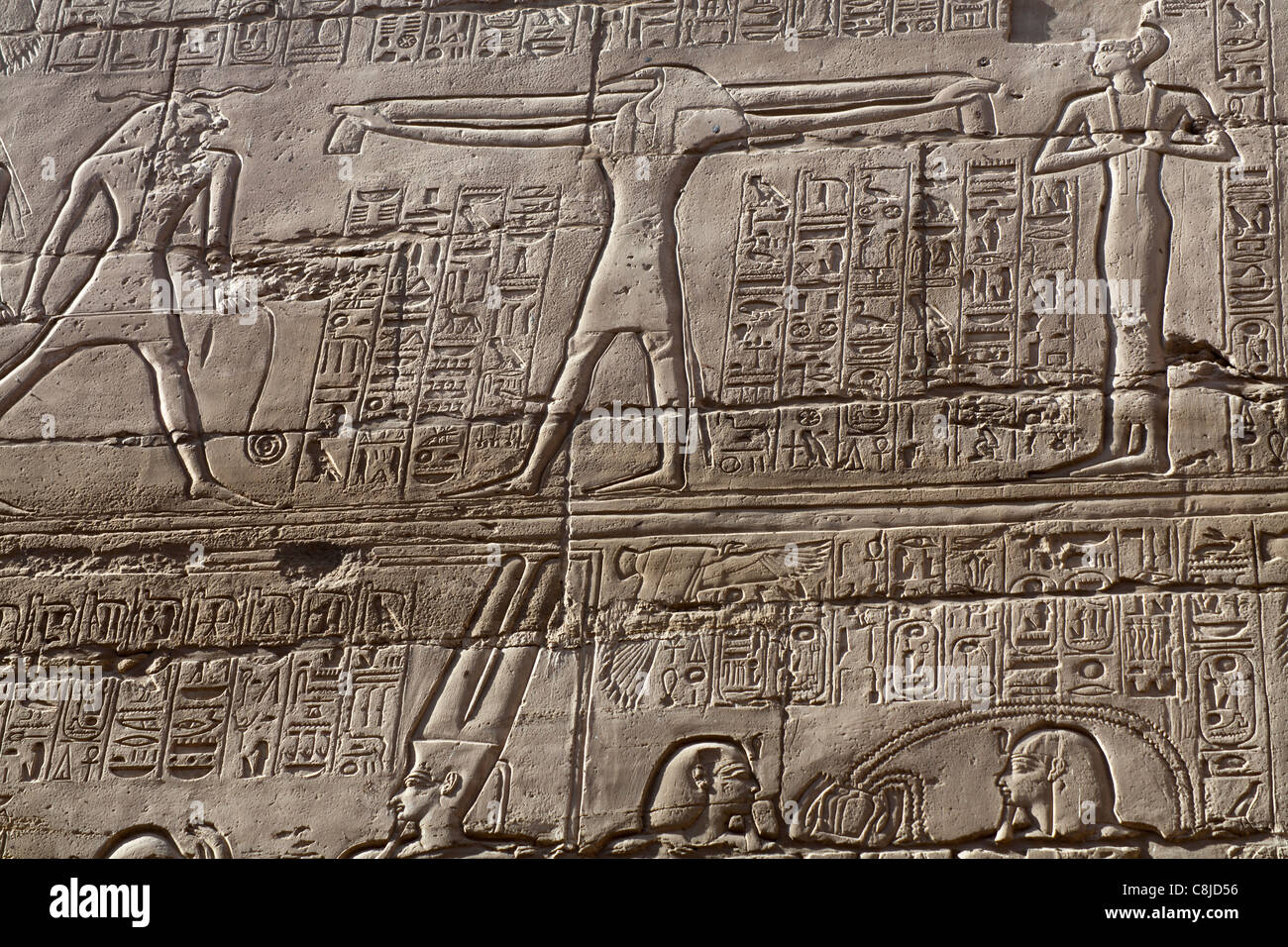 Travail de soulagement montrant Khnoum dieux Thot dans une salle hypostyle du Temple de Karnak à Louxor, Egypte Banque D'Images