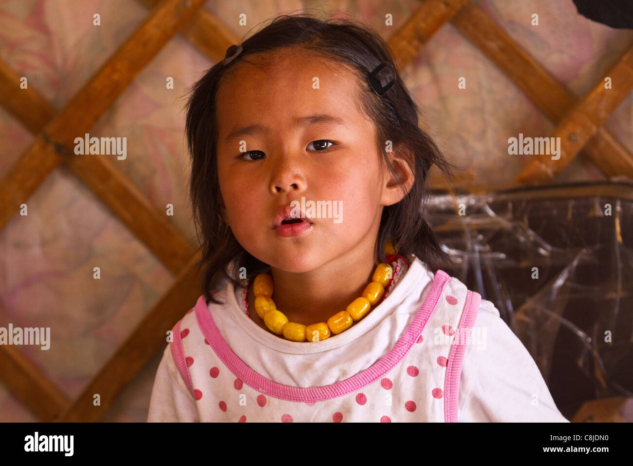 Jeune fille mongole dans la famille ger en Mongolie. Banque D'Images