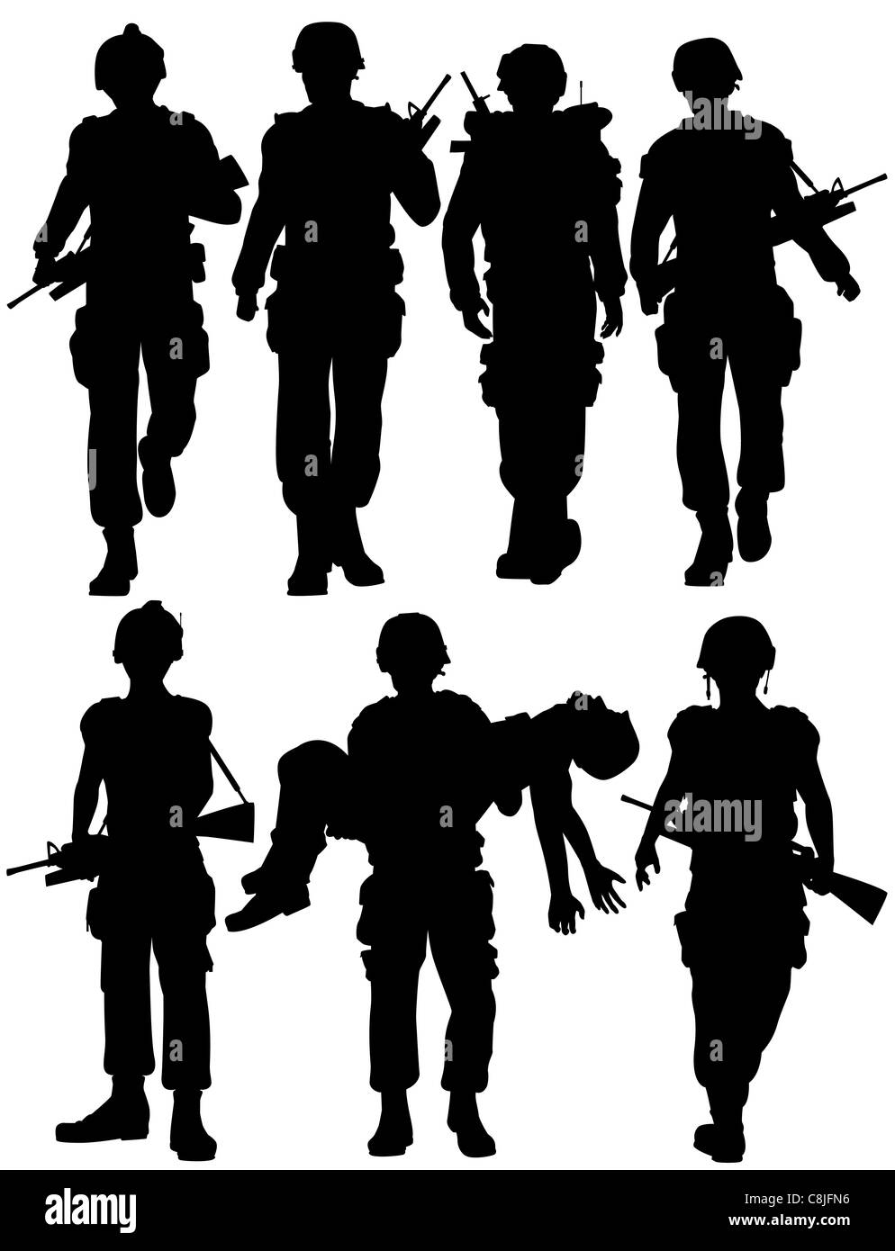 Ensemble de l'illustre silhouettes de soldats à pied Banque D'Images