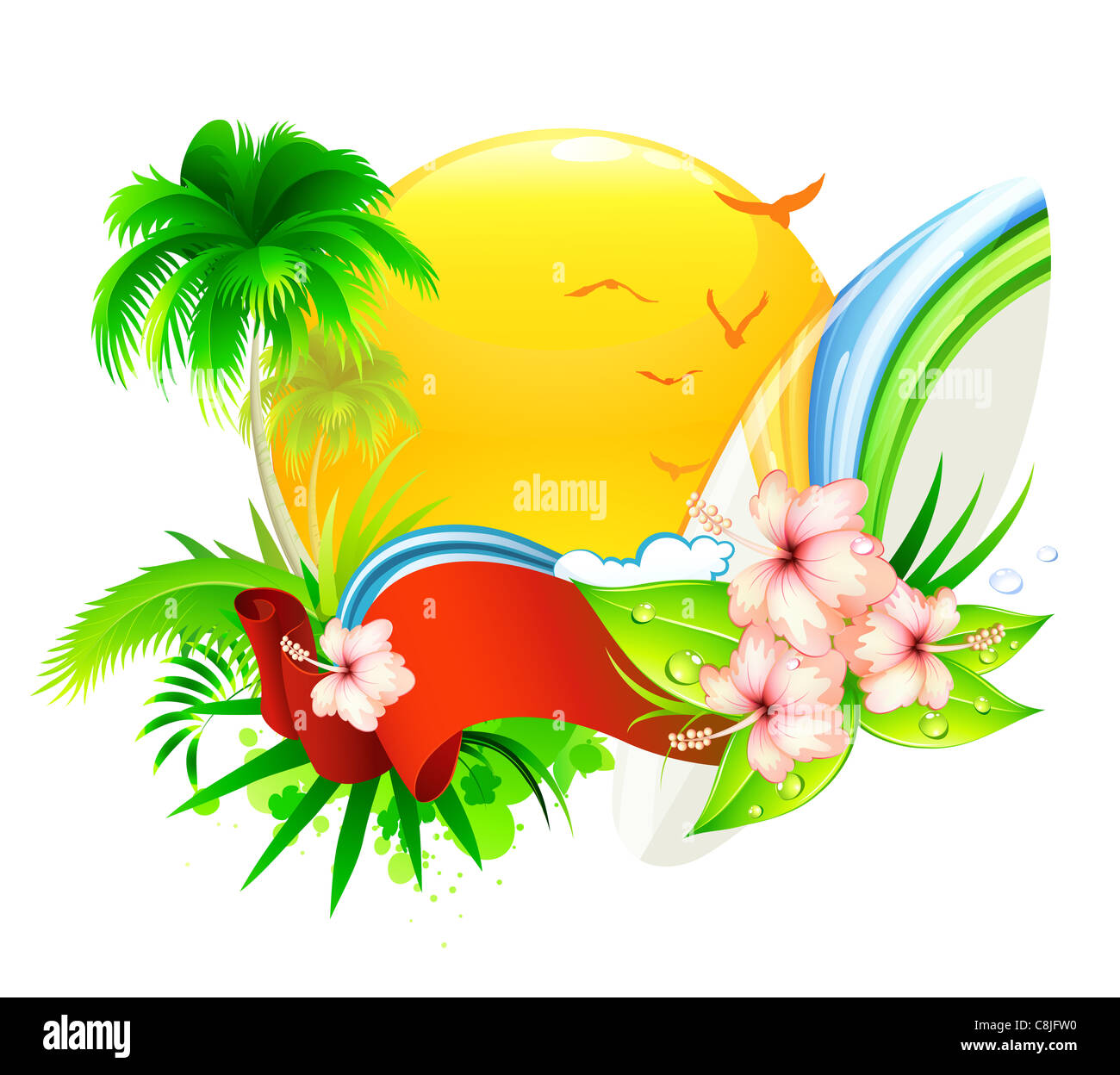 Illustration de l'arrière-plan d'été funky avec palmier, fleurs d'hibiscus et de surf Banque D'Images